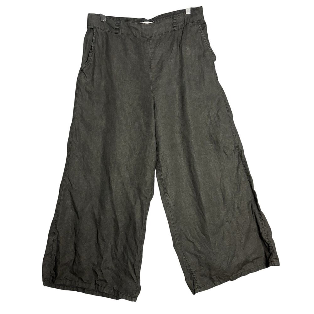 Halston Linen Wide Leg Pants Womens L Black Pull On Elastic Waist Flowy Casual